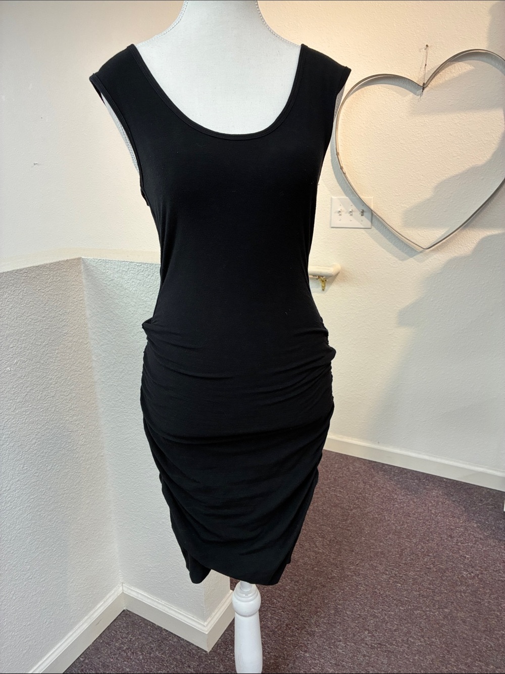 James Perse Black Sleeveless Ruched Sides Midi Dress Size Small